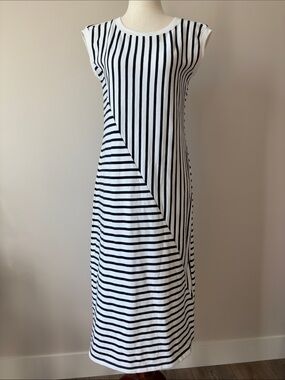 Talbots Black and White Striped Sleeveless Midi Dress